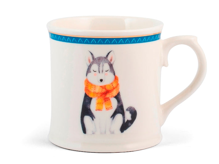 Mug NBC Winter Lupo in Ceramica da 350 ml - Tazza Invernale con Decorazione Lupo e Sciarpa Arancione H&H
