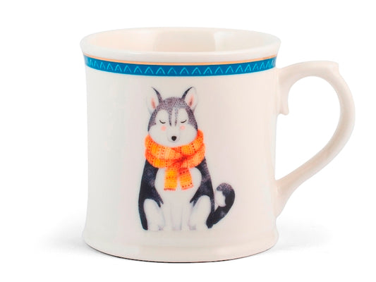 Mug NBC Winter Lupo in Ceramica da 350 ml - Tazza Invernale con Decorazione Lupo e Sciarpa Arancione H&H