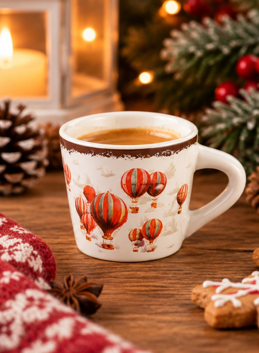 Set 6 Tazzine da Caffè NBC Holiday Story Mongolfiere 90 ml in Ceramica Bianca con Decorazioni Colorate, Design Vintage, Idea Regalo Natalizia H&H