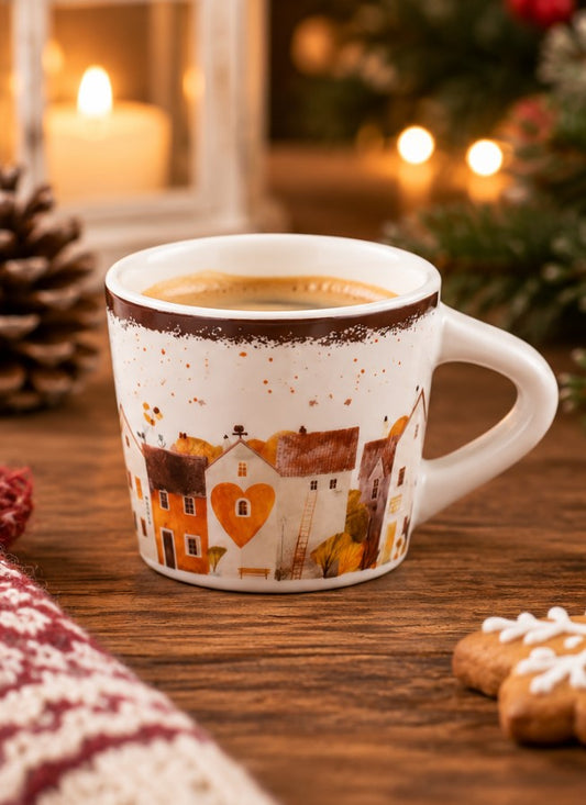 Set 6 Tazzine da Caffè NBC Holiday Story Casette 90 ml in Ceramica Bianca con Decorazione Paesaggio Invernale e Cuore, Idea Regalo Natalizia H&H