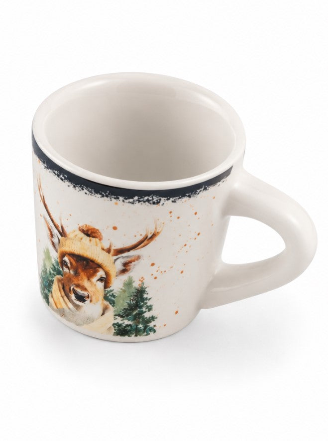 Set 6 Tazzine da Caffè NBC Holiday Story Cervo 90 ml in Ceramica Bianca con Decorazione Invernale, Cappello e Sciarpa, Idea Regalo Natalizia H&H