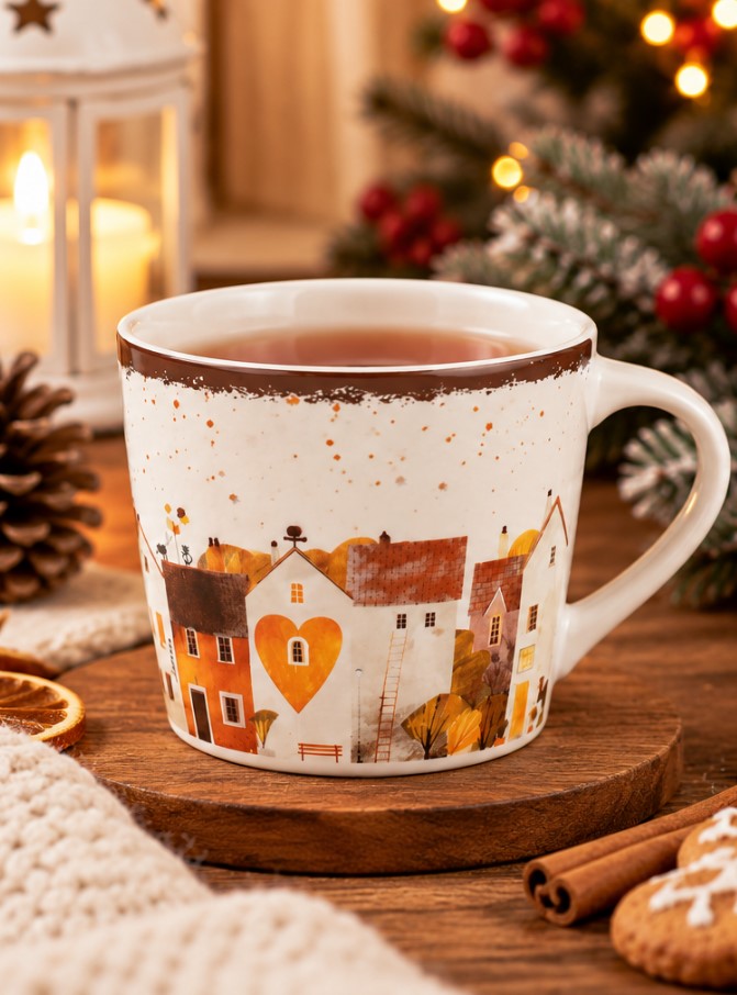 Tazza da Tè NBC Holiday Story Casette 280 ml in Ceramica Bianca con Decorazione Borgo e Cuore, Design Invernale, Idea Regalo Natalizia H&H