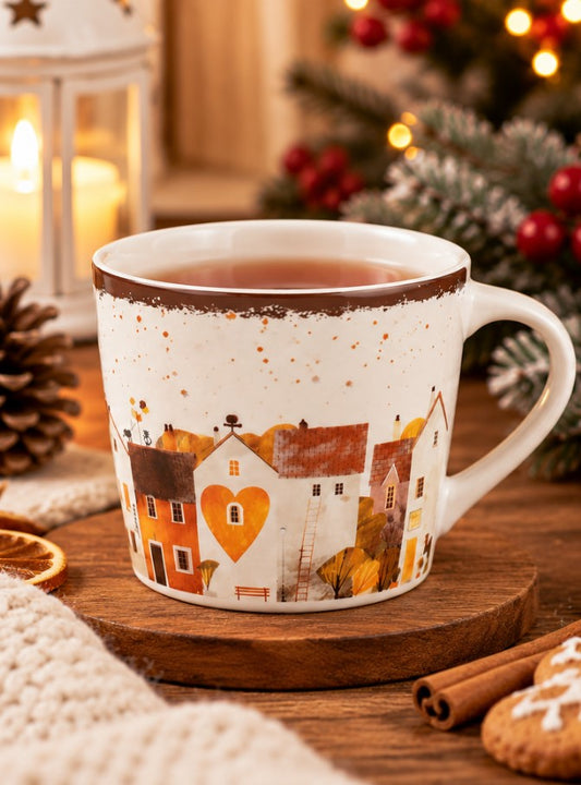 Tazza Jumbo NBC Holiday Story Casette 420 ml in Ceramica Bianca con Decorazione Borgo e Cuore, Design Invernale, Idea Regalo Natalizia H&H