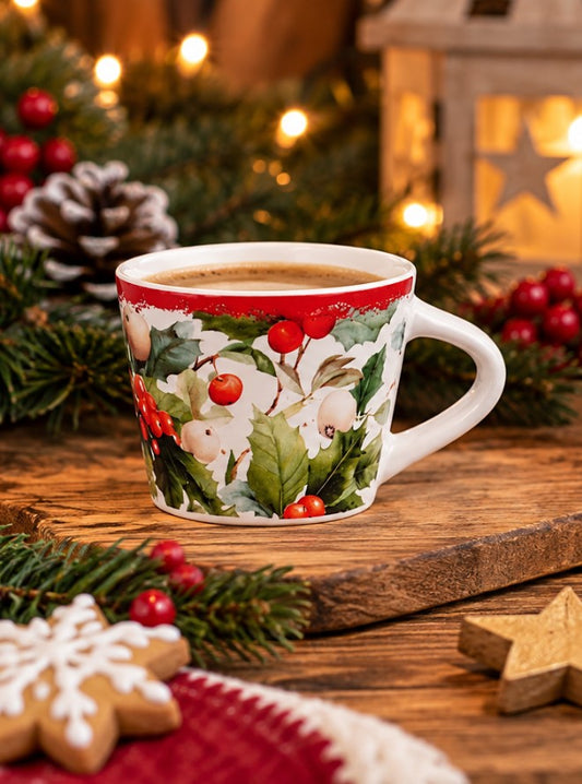 Set 6 Tazzine da Caffè NBC Winter Tale Agrifoglio 90 ml in Ceramica Bianca con Bacche Rosse e Decorazioni Natalizie, Idea Regalo H&H