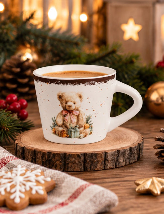 Set 6 Tazzine da Caffè NBC Winter Tale Orsacchiotto 90 ml in Ceramica Bianca con Decorazione Natalizia, Fiocco Rosa e Regali, Idea Regalo H&H