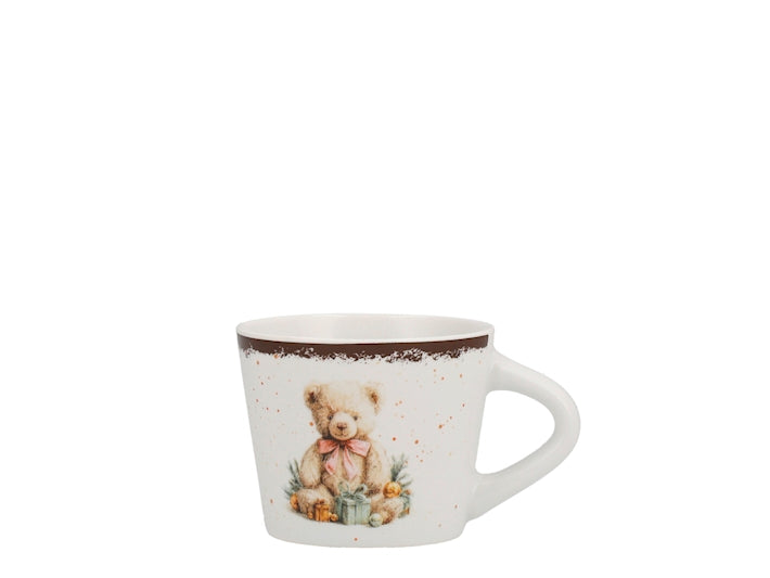 Set 6 Tazzine da Caffè NBC Winter Tale Orsacchiotto 90 ml in Ceramica Bianca con Decorazione Natalizia, Fiocco Rosa e Regali, Idea Regalo H&H