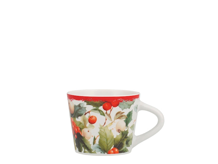 Set 6 Tazzine da Caffè NBC Winter Tale Agrifoglio 90 ml in Ceramica Bianca con Bacche Rosse e Decorazioni Natalizie, Idea Regalo H&H