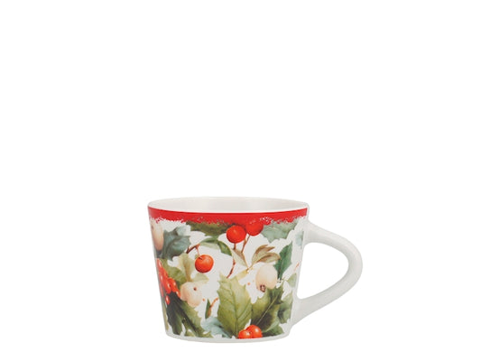 Set 6 Tazzine da Caffè NBC Winter Tale Agrifoglio 90 ml in Ceramica Bianca con Bacche Rosse e Decorazioni Natalizie, Idea Regalo H&H