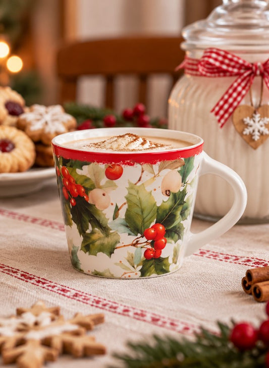 Tazza da Tè NBC Winter Tale Agrifoglio 280 ml in Ceramica Bianca con Bacche Rosse e Decorazioni Natalizie, Idea Regalo H&H
