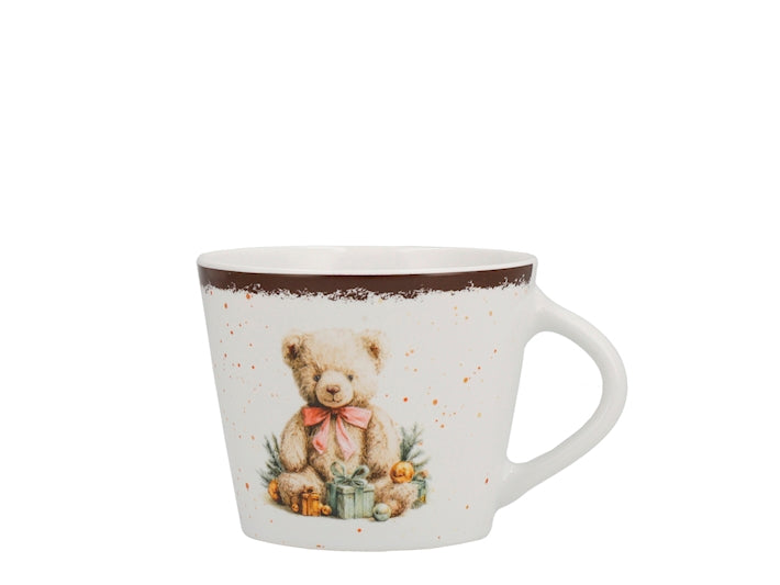 Tazza da Tè NBC Winter Tale Orsacchiotto 280 ml in Ceramica Bianca con Decorazione Natalizia, Fiocco Rosa e Regali, Idea Regalo H&H