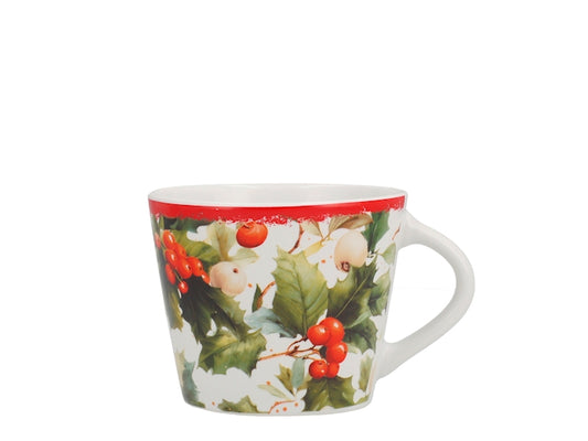Tazza da Tè NBC Winter Tale Agrifoglio 280 ml in Ceramica Bianca con Bacche Rosse e Decorazioni Natalizie, Idea Regalo H&H