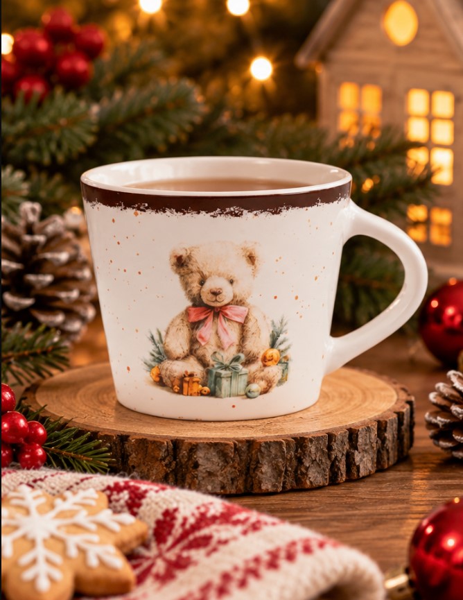 Tazza Jumbo NBC Winter Tale Orsacchiotto 420 ml in Ceramica Bianca con Decorazione Natalizia, Fiocco Rosa e Regali, Idea Regalo H&H