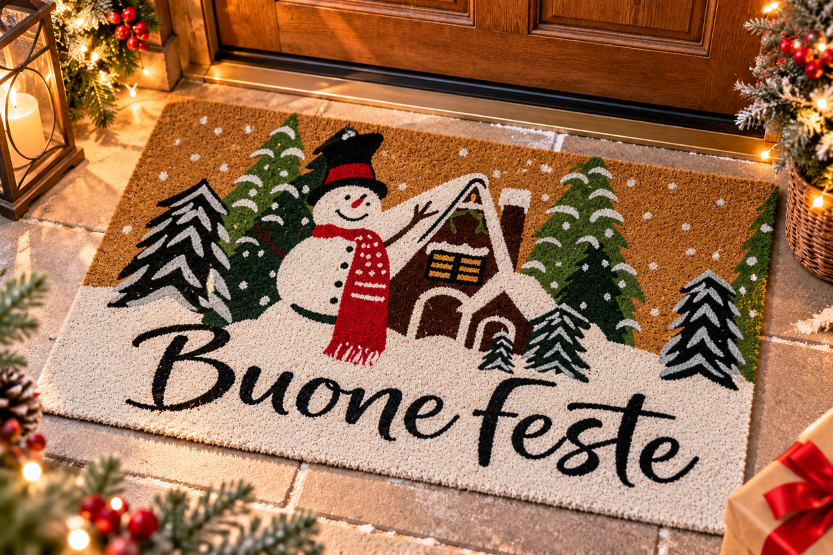 Zerbino Natalizio Buone Feste con Pupazzo di Neve e Casa Innevato, 45 x 75 cm