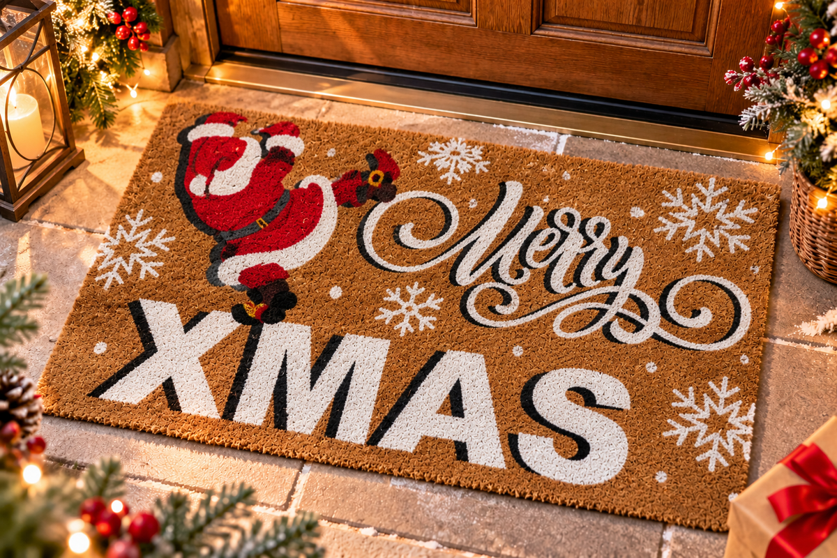 Zerbino Natalizio Merry Xmas con Babbo Natale e Fiocchi di Neve  45 x 75 cm
