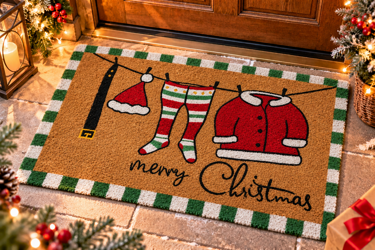 Tappeto Zerbino Natalizio Merry Christmas con Vestiti di Babbo Natale , 45 x 75 cm