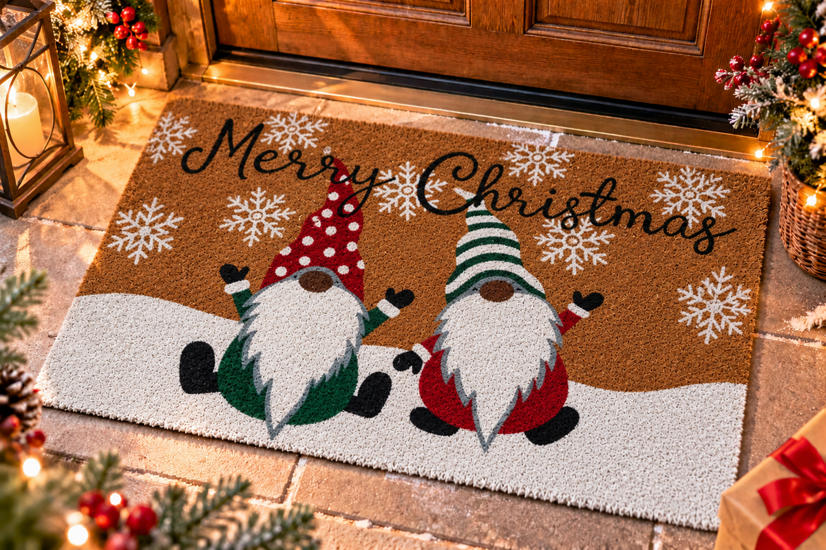 Tappeto Zerbino Natalizio Merry Christmas con Due Gnomi e Fiocchi di Neve - 45 x 75 cm