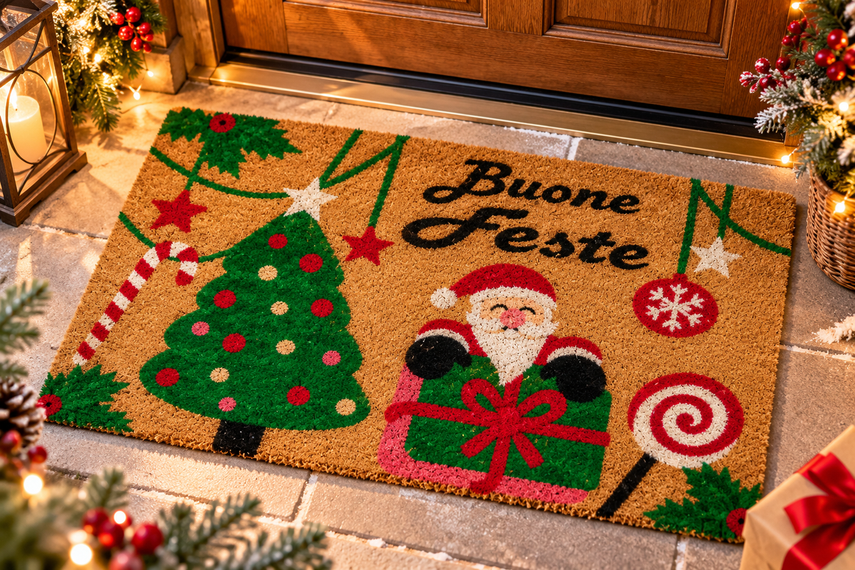 Zerbino Natalizio Buone Feste con Babbo Natale, Albero e Regali, 45 x 75 cm