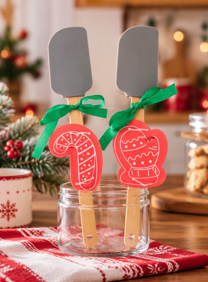 Set 2 Spatole Natalizie H&H in Silicone e Legno con Stampi in Acciaio Inox, Bastoncino di Zucchero e Guanto Natalizio, Utensili da Cucina