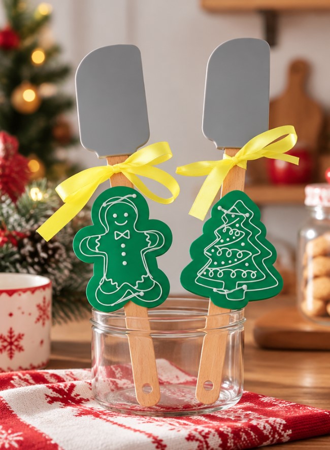 Set 2 Spatole Natalizie H&H in Silicone e Legno con Stampi in Acciaio Inox, Omino Pan di Zenzero e Albero di Natale, Utensili da Cucina