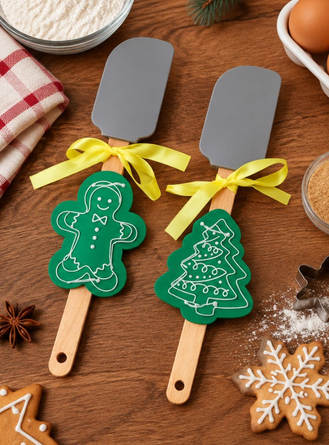 Set 2 Spatole Natalizie H&H in Silicone e Legno con Stampi in Acciaio Inox, Omino Pan di Zenzero e Albero di Natale, Utensili da Cucina