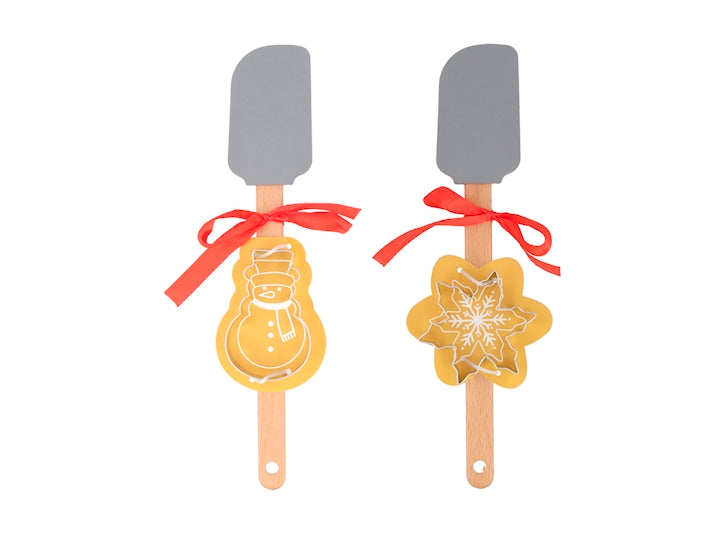 Set 2 Spatole Natalizie H&H in Silicone e Legno con Stampi in Acciaio Inox, Pupazzo di Neve e Fiocco di Neve, Utensili da Cucina