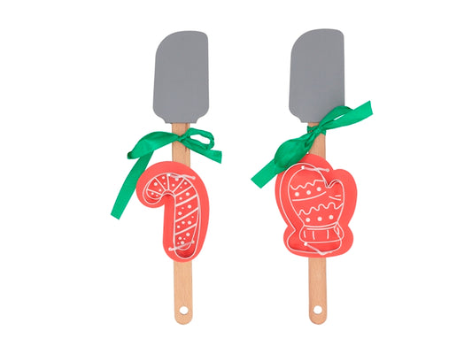 Set 2 Spatole Natalizie H&H in Silicone e Legno con Stampi in Acciaio Inox, Bastoncino di Zucchero e Guanto Natalizio, Utensili da Cucina