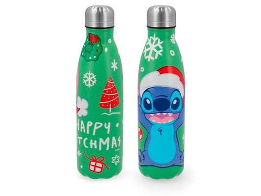 Bottiglia Termica Natalizia Stitch H&H 500 ml in Acciaio Inox Verde, Borraccia con Decorazioni Xmas, Ideale per Bevande Calde e Fredde