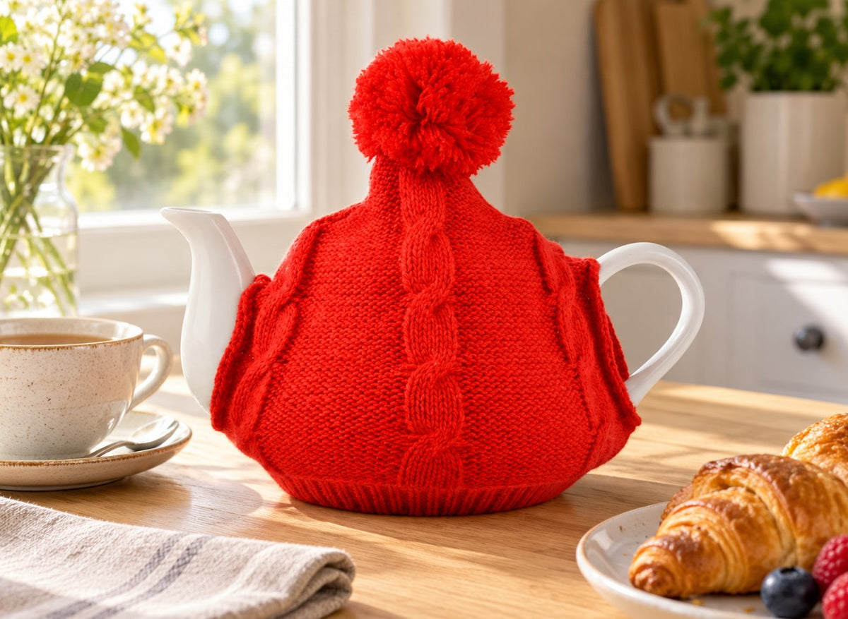 Teiera in Porcellana Bianca con Copriteiera in Maglia di Lana e Pompon rosso - Home in rombo