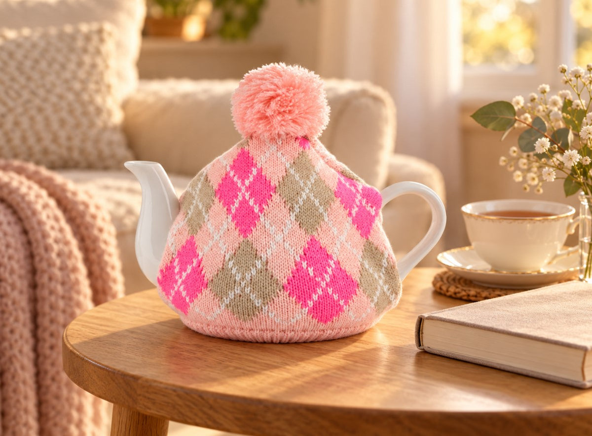Teiera in Porcellana Bianca con Copriteiera in Maglia Rosa a Rombi Fucsia e Beige e Pompon Decorativo- Home in Rombo