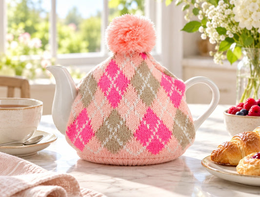 Teiera in Porcellana Bianca con Copriteiera in Maglia Rosa a Rombi Fucsia e Beige e Pompon Decorativo- Home in Rombo