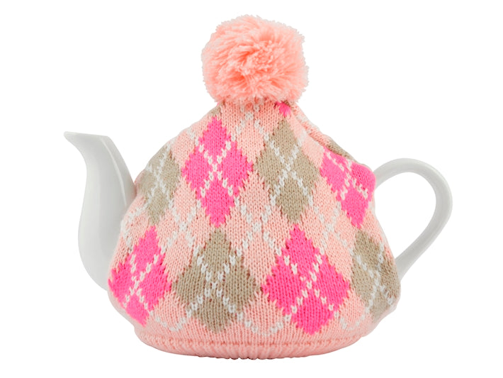 Teiera in Porcellana Bianca con Copriteiera in Maglia Rosa a Rombi Fucsia e Beige e Pompon Decorativo- Home in Rombo
