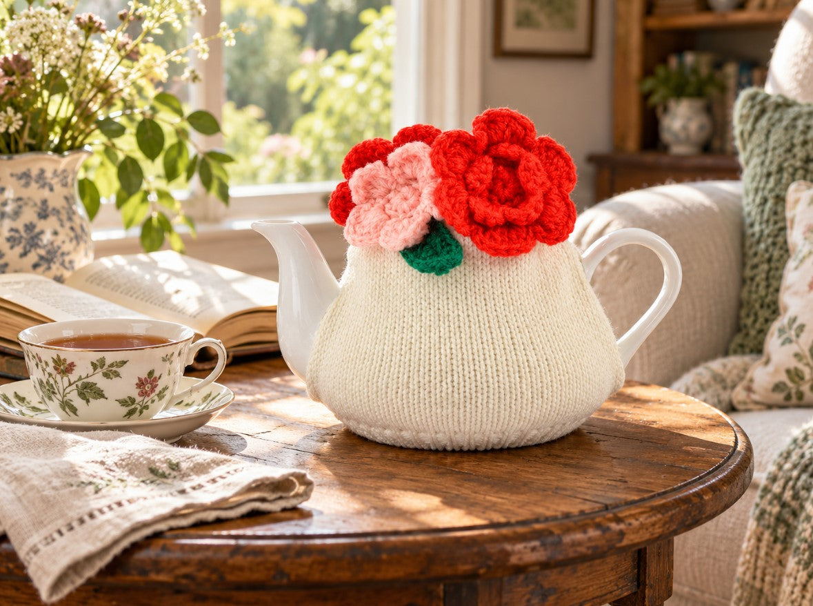 Teiera Tepore in Porcellana Bianca con Copriteiera in Maglia di Lana e Fiori Decorativi - Design Elegante e Raffinato DBX Home in rombo