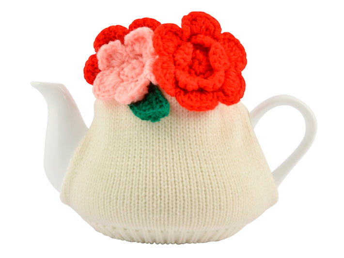 Teiera Tepore in Porcellana Bianca con Copriteiera in Maglia di Lana e Fiori Decorativi - Design Elegante e Raffinato DBX Home in rombo