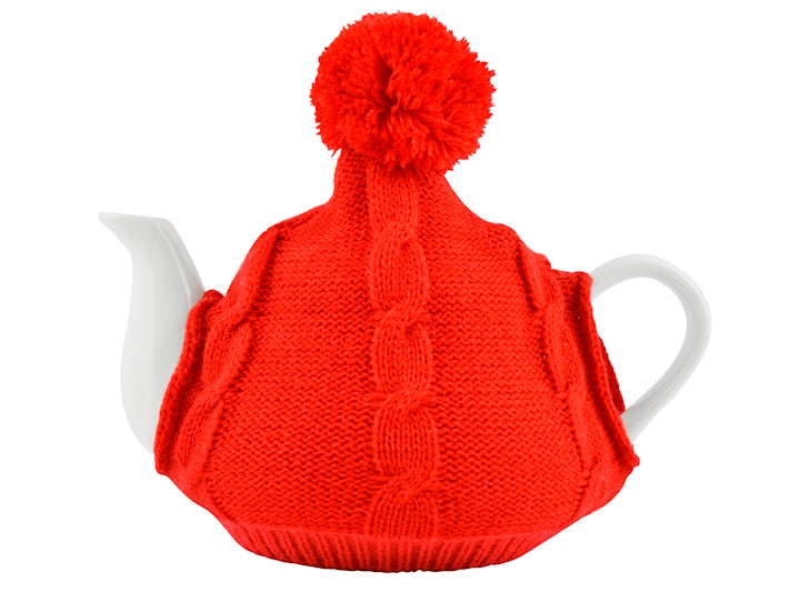 Teiera in Porcellana Bianca con Copriteiera in Maglia di Lana e Pompon rosso - Home in rombo