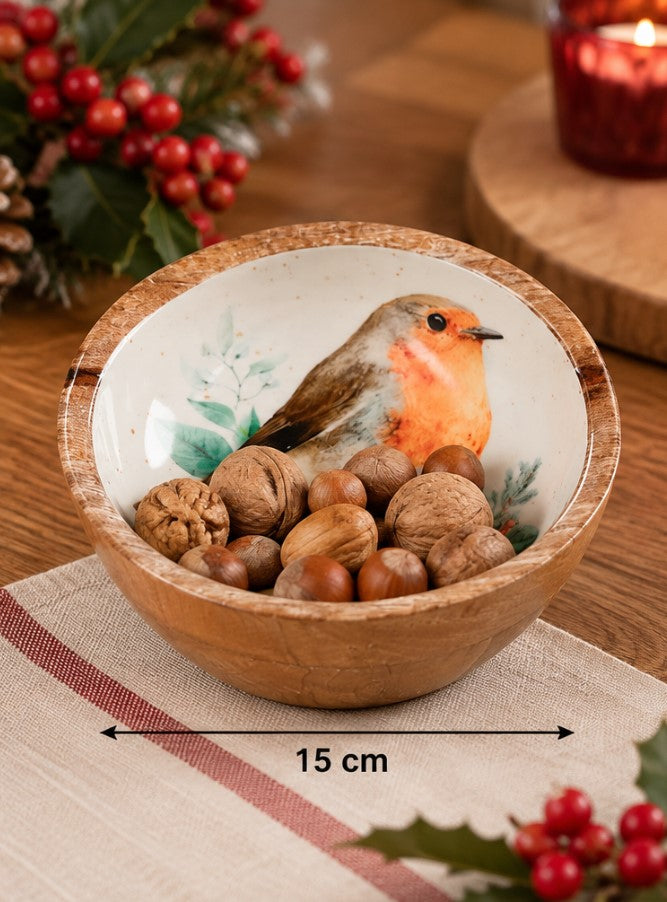 Coppa Natalizia H&H in Legno 15 cm con Decorazione uccello  Ciotola Portadolci e Frutta Secca, Centrotavola Decorativo Natalizio