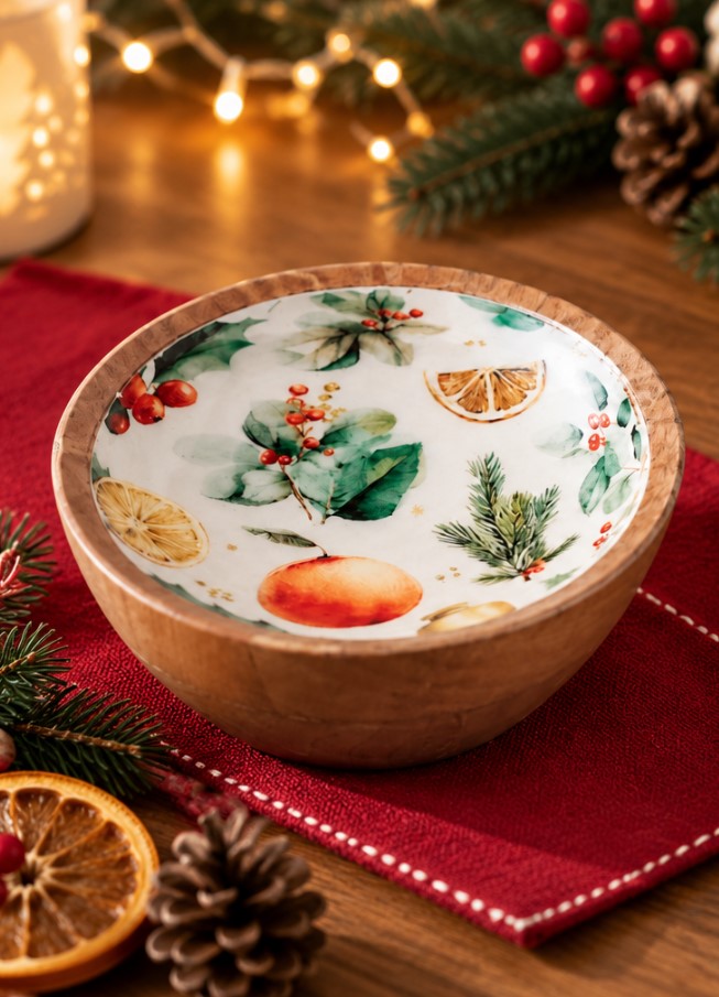 Coppa Natalizia in Legno 15 cm H&H con Decorazioni Festive, Ciotola Decorativa Portafrutta e Porta Dolci per Tavola di Natale