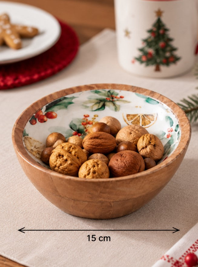 Coppa Natalizia in Legno 15 cm H&H con Decorazioni Festive, Ciotola Decorativa Portafrutta e Porta Dolci per Tavola di Natale