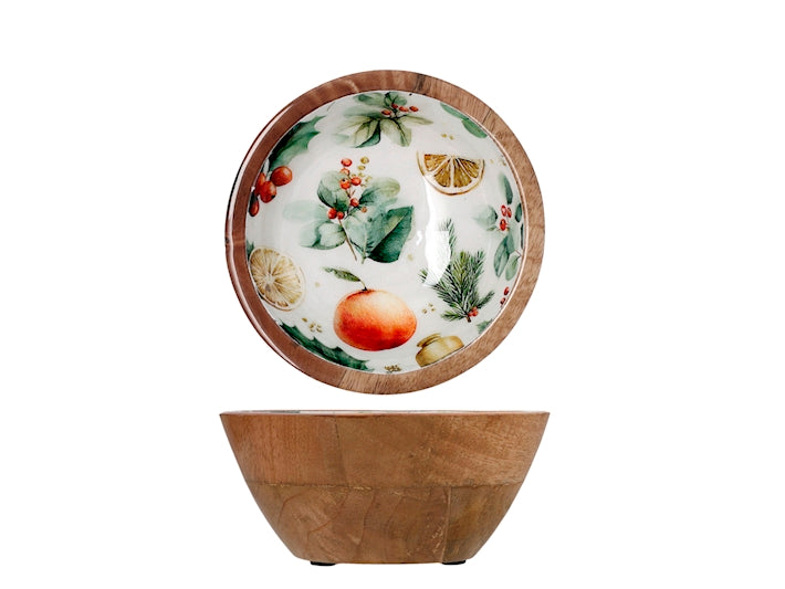 Coppa Natalizia in Legno 15 cm H&H con Decorazioni Festive, Ciotola Decorativa Portafrutta e Porta Dolci per Tavola di Natale