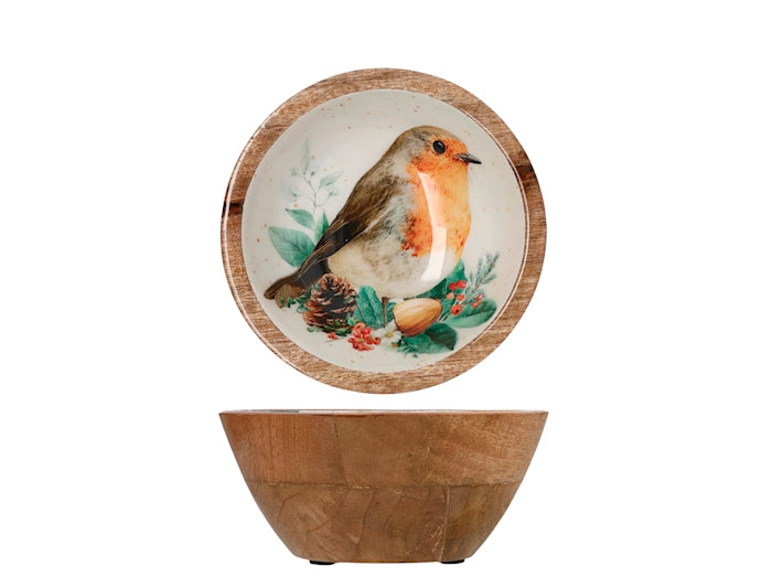 Coppa Natalizia H&H in Legno 15 cm con Decorazione uccello  Ciotola Portadolci e Frutta Secca, Centrotavola Decorativo Natalizio