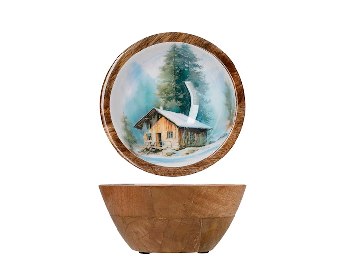 Coppa Natalizia H&H in Legno 15 cm con Paesaggio Innevato, Ciotola Decorativa Portadolci e Frutta Secca, Fantasie Assortite
