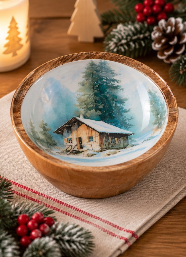 Coppa Natalizia H&H in Legno 15 cm con Paesaggio Innevato, Ciotola Decorativa Portadolci e Frutta Secca, Fantasie Assortite