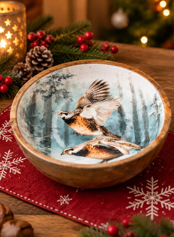 Coppa Natalizia H&H in Legno 25 cm con Decorazione Uccelli e Paesaggio Innevato - Ciotola Decorativa per Tavola e Centrotavola