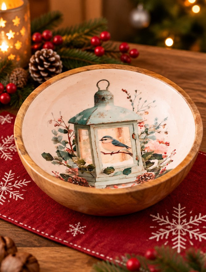 Coppa Natalizia H&H in Legno 25 cm con Decorazione Lanterna e Uccellino - Ciotola Decorativa Natalizia per Centrotavola