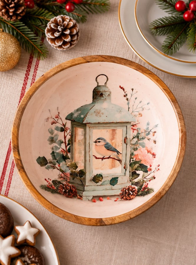 Coppa Natalizia H&H in Legno 25 cm con Decorazione Lanterna e Uccellino - Ciotola Decorativa Natalizia per Centrotavola