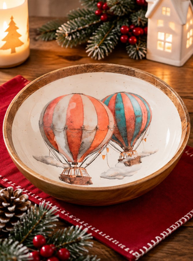 Coppa Natalizia H&H in Legno 25 cm con Mongolfiere, Ciotola Decorativa Portafrutta, Portadolci e Centrotavola, Fantasie Assortite