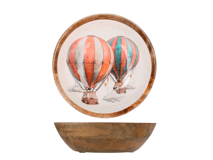 Coppa Natalizia H&H in Legno 25 cm con Mongolfiere, Ciotola Decorativa Portafrutta, Portadolci e Centrotavola, Fantasie Assortite