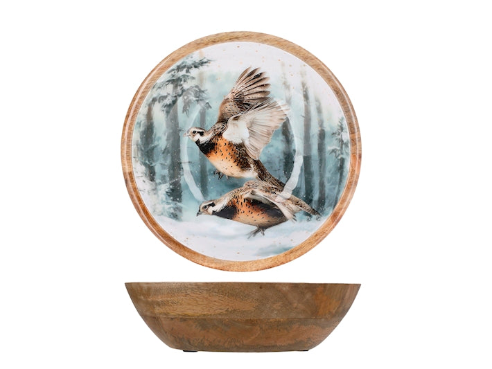 Coppa Natalizia H&H in Legno 25 cm con Decorazione Uccelli e Paesaggio Innevato - Ciotola Decorativa per Tavola e Centrotavola