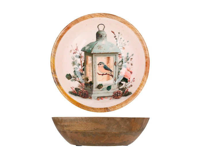 Coppa Natalizia H&H in Legno 25 cm con Decorazione Lanterna e Uccellino - Ciotola Decorativa Natalizia per Centrotavola