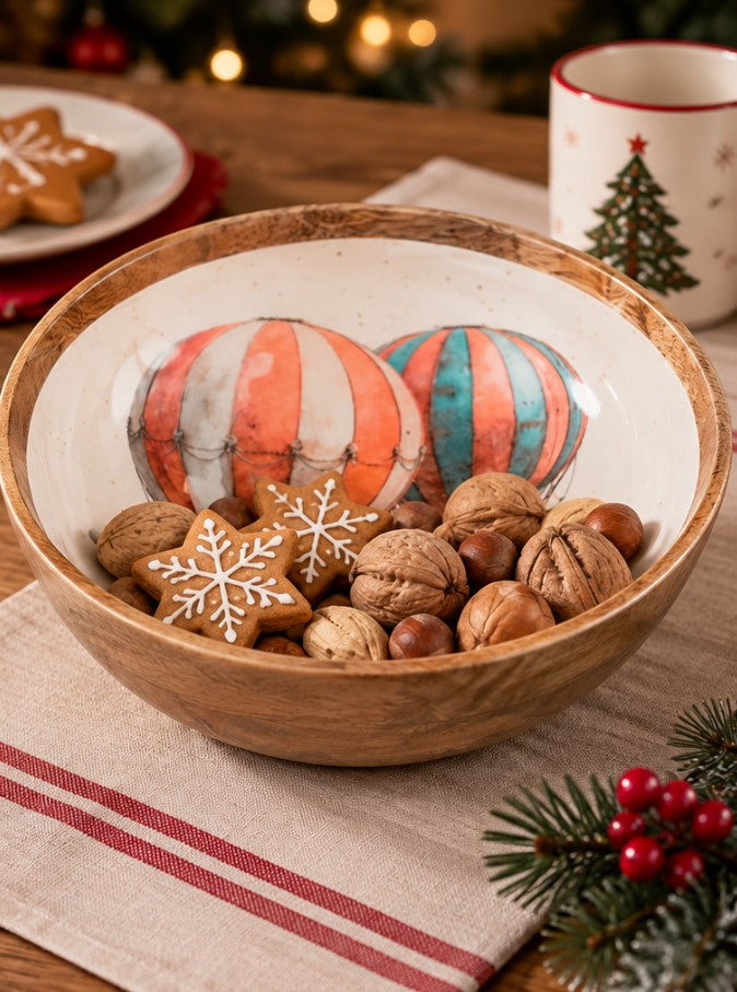 Coppa Natalizia H&H in Legno 25 cm con Mongolfiere, Ciotola Decorativa Portafrutta, Portadolci e Centrotavola, Fantasie Assortite