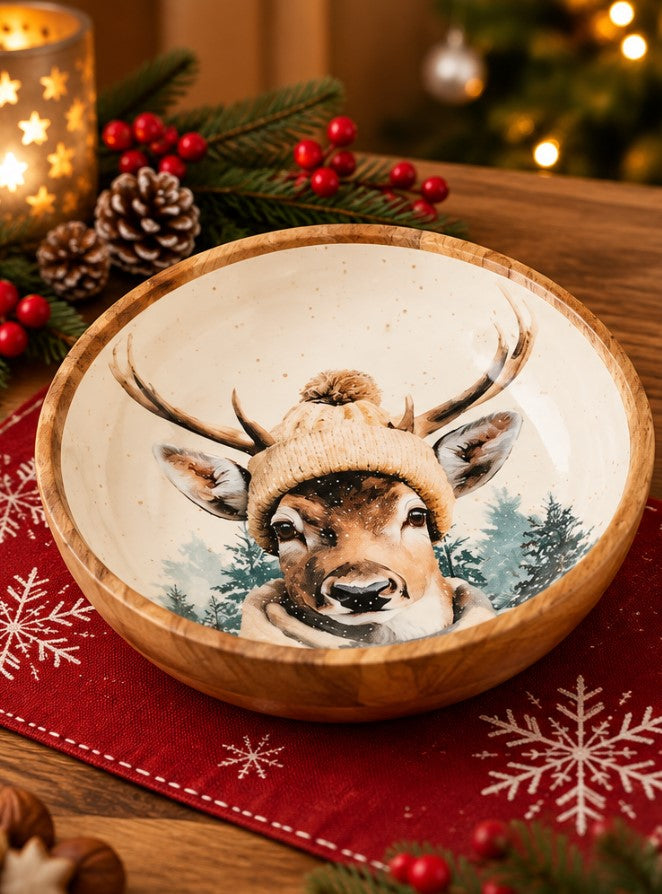 Coppa Natalizia H&H in Legno 30 cm con Decorazione Renna e Paesaggio Innevato - Ciotola Decorativa per Centrotavola